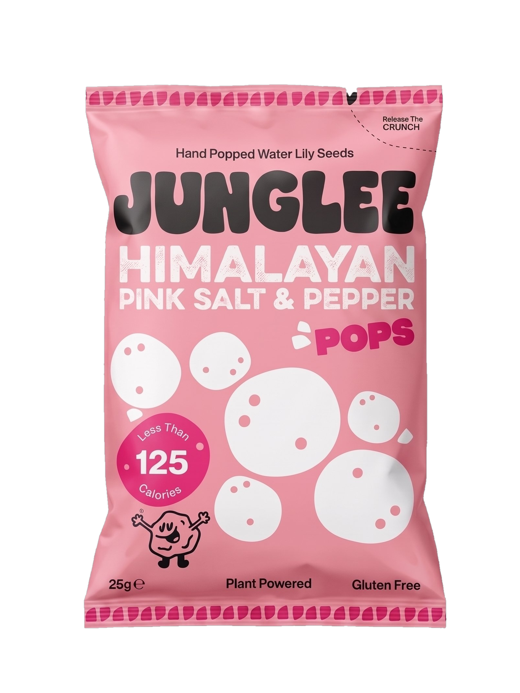 Junglee Himalayan Pink Salt & Pepper Pops 25g packet — bright pink bag with bubbly black JUNGLEE logo and white HIMALAYAN PINK SALT & PEPPER text