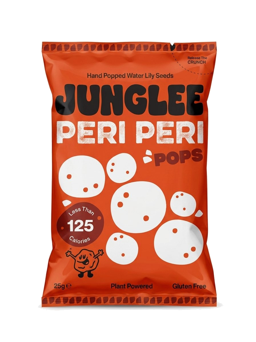 Junglee Peri Peri Pops 25g packet — bright orange bag with bubbly black JUNGLEE logo and white PERI PERI text